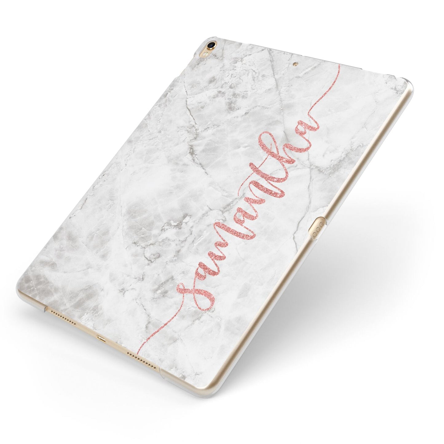 Grey Marble Personalised Vertical Glitter Name Apple iPad Case on Gold iPad Side View