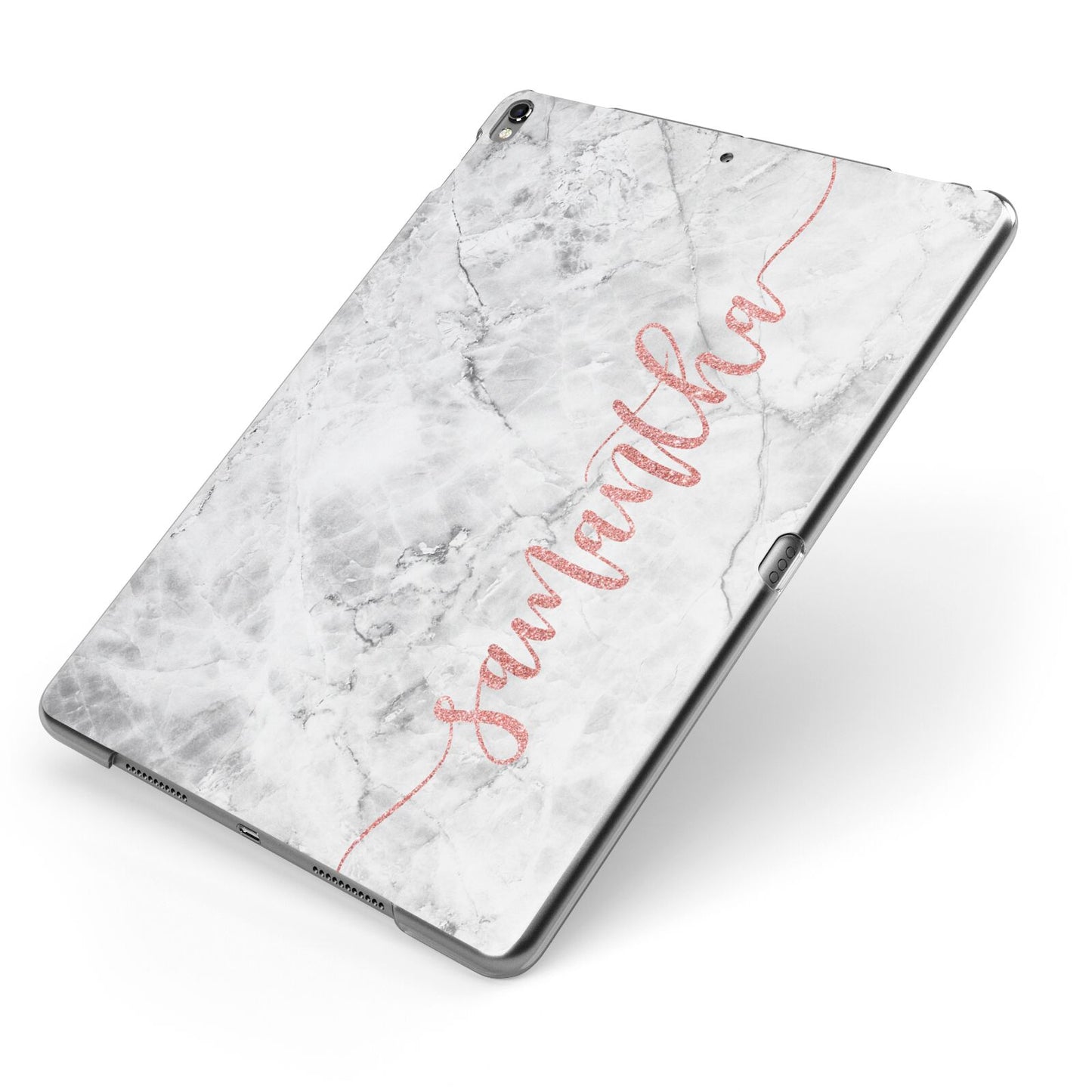 Grey Marble Personalised Vertical Glitter Name Apple iPad Case on Grey iPad Side View