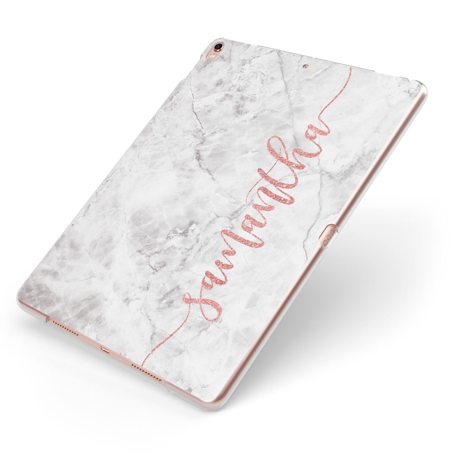 Grey Marble Personalised Vertical Glitter Name Apple iPad Case on Rose Gold iPad Side View
