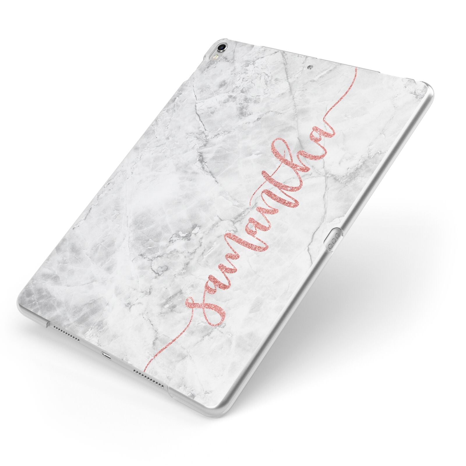 Grey Marble Personalised Vertical Glitter Name Apple iPad Case on Silver iPad Side View