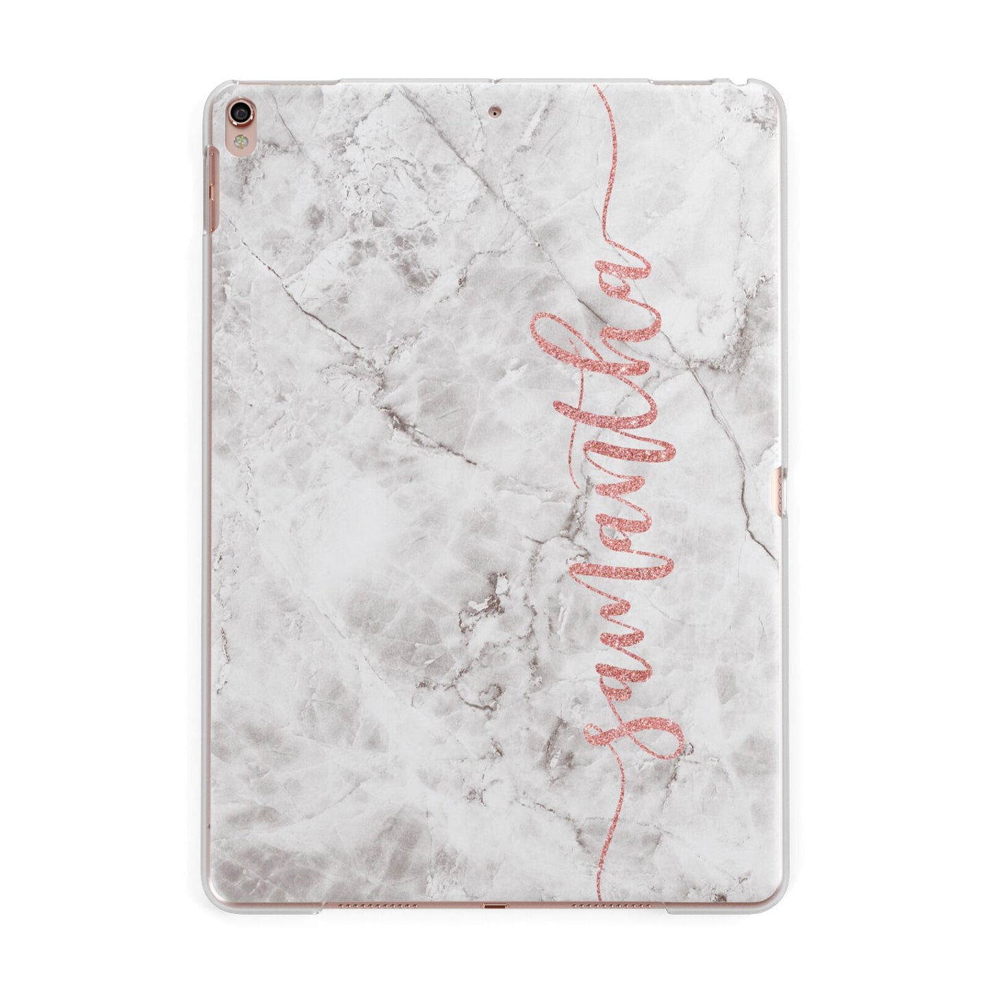 Grey Marble Personalised Vertical Glitter Name Apple iPad Rose Gold Case
