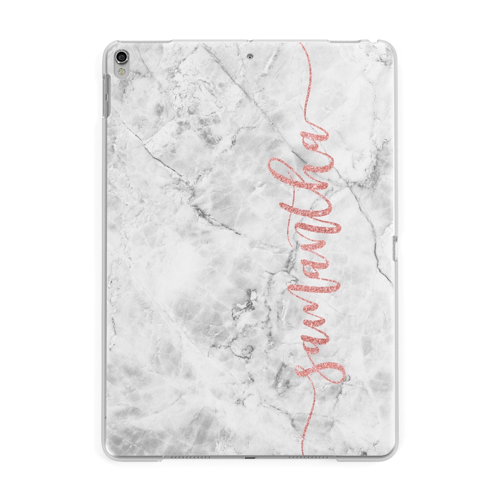 Grey Marble Personalised Vertical Glitter Name Apple iPad Silver Case