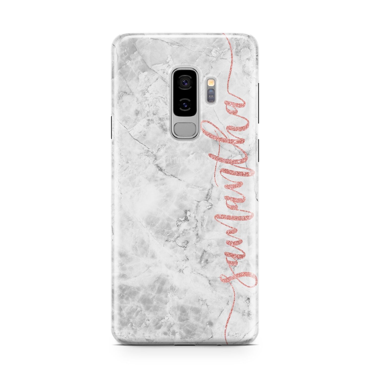 Grey Marble Personalised Vertical Glitter Name Samsung Galaxy S9 Plus Case on Silver phone