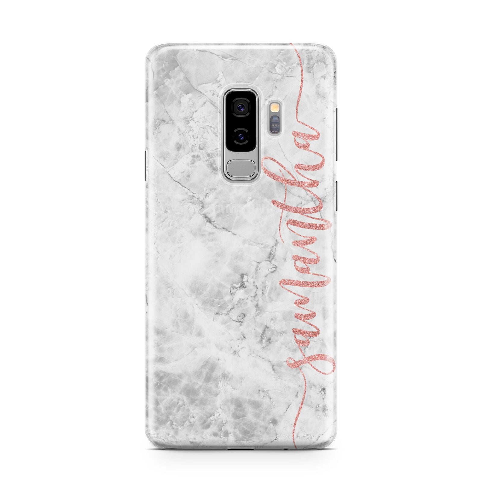 Grey Marble Personalised Vertical Glitter Name Samsung Galaxy S9 Plus Case on Silver phone