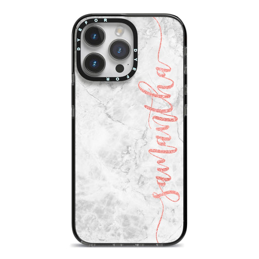 Grey Marble Personalised Vertical Glitter Name iPhone 14 Pro Max Black Impact Case on Silver phone