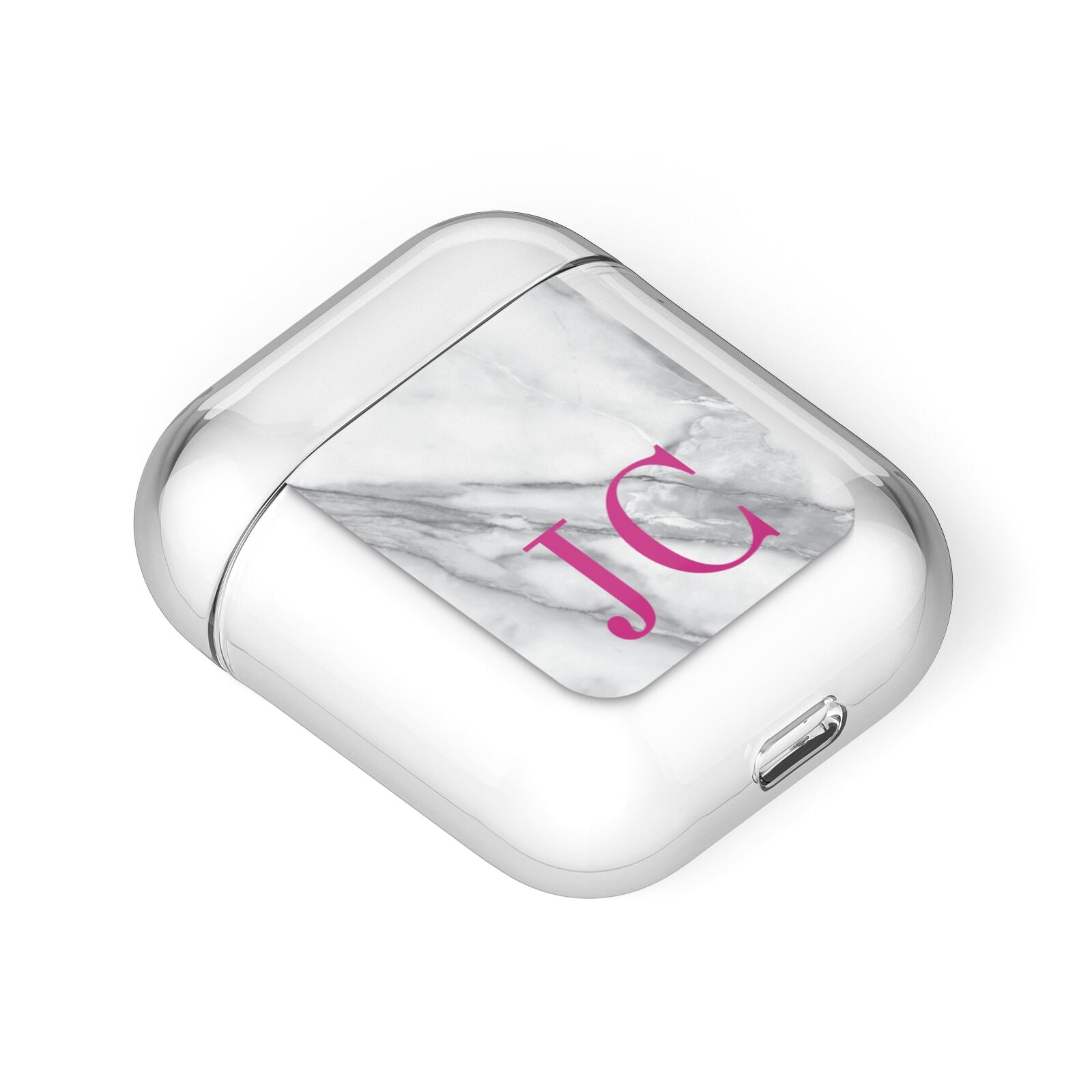 Grey Marble Pink Initials AirPods Case Laid Flat