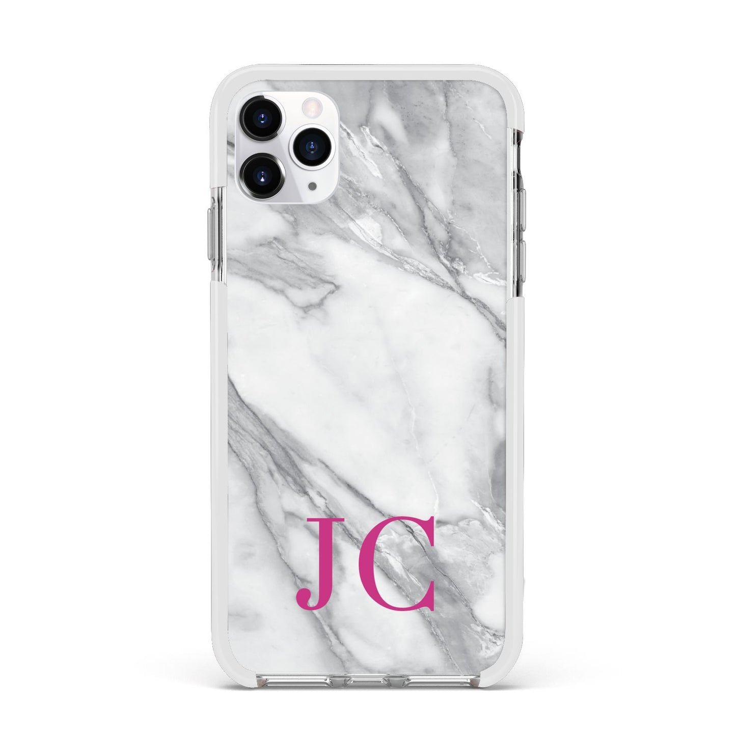 Grey Marble Pink Initials Apple iPhone 11 Pro Max in Silver with White Impact Case