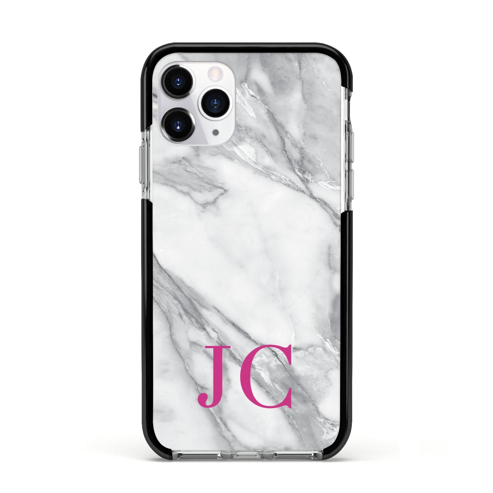 Grey Marble Pink Initials Apple iPhone 11 Pro in Silver with Black Impact Case
