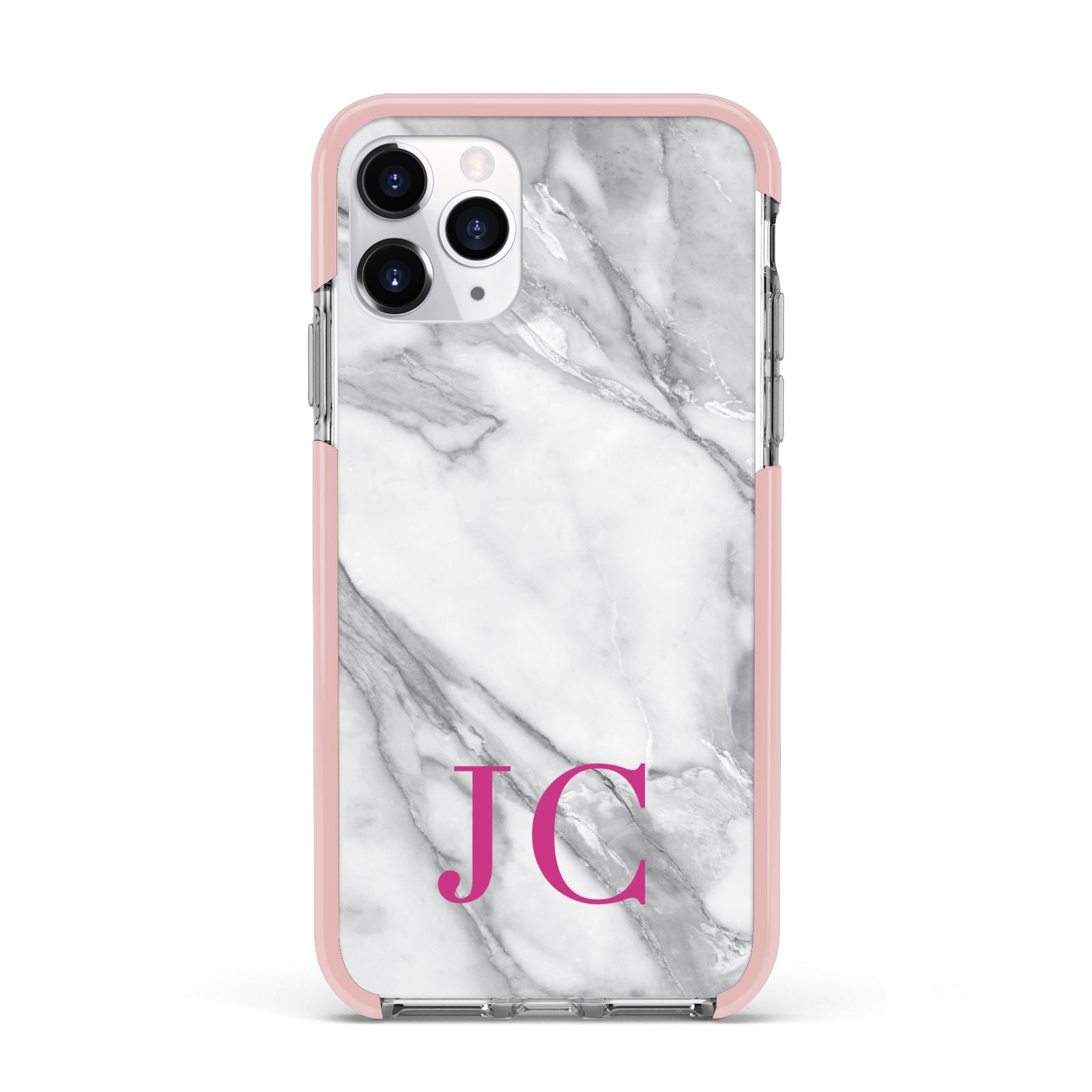 Grey Marble Pink Initials Apple iPhone 11 Pro in Silver with Pink Impact Case