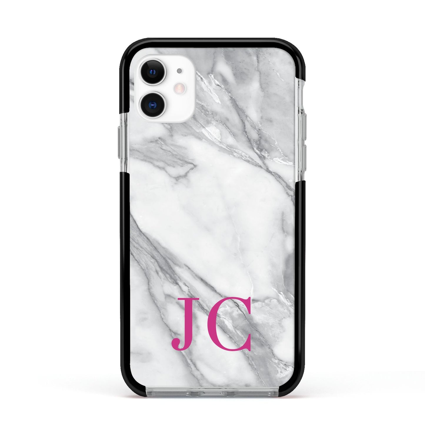 Grey Marble Pink Initials Apple iPhone 11 in White with Black Impact Case
