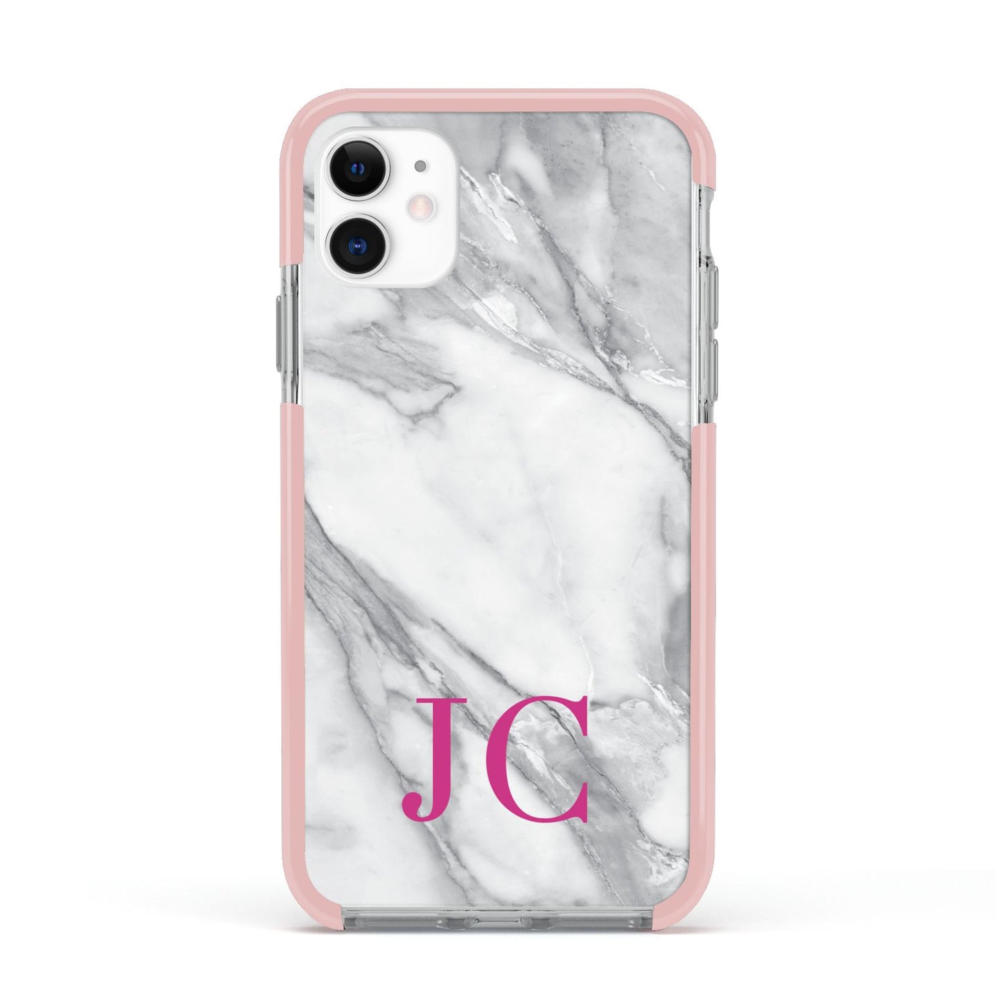 Grey Marble Pink Initials Apple iPhone 11 in White with Pink Impact Case