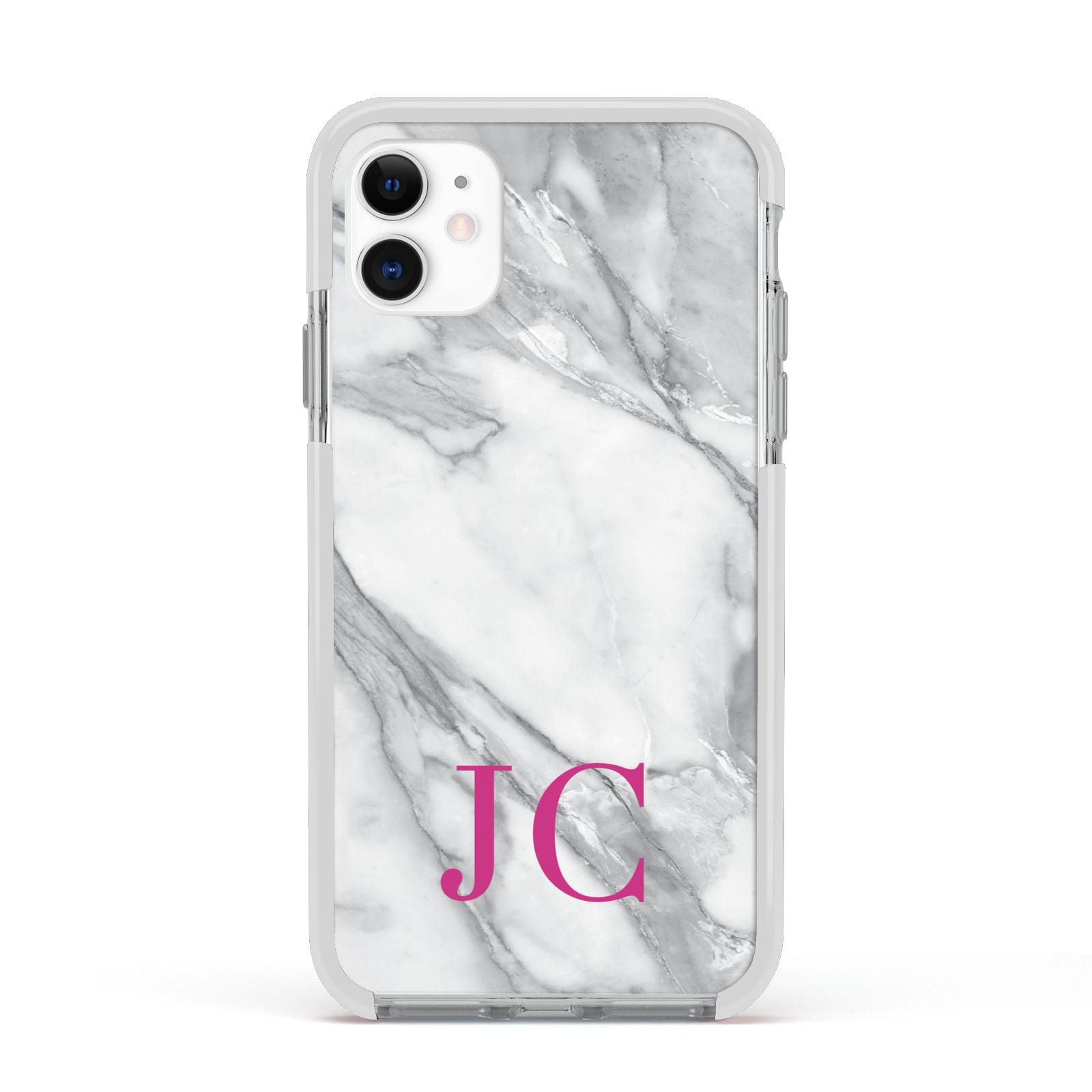 Grey Marble Pink Initials Apple iPhone 11 in White with White Impact Case