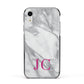Grey Marble Pink Initials Apple iPhone XR Impact Case Black Edge on Silver Phone