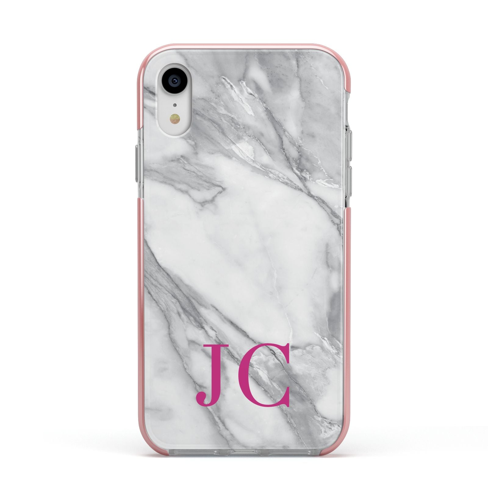 Grey Marble Pink Initials Apple iPhone XR Impact Case Pink Edge on Silver Phone