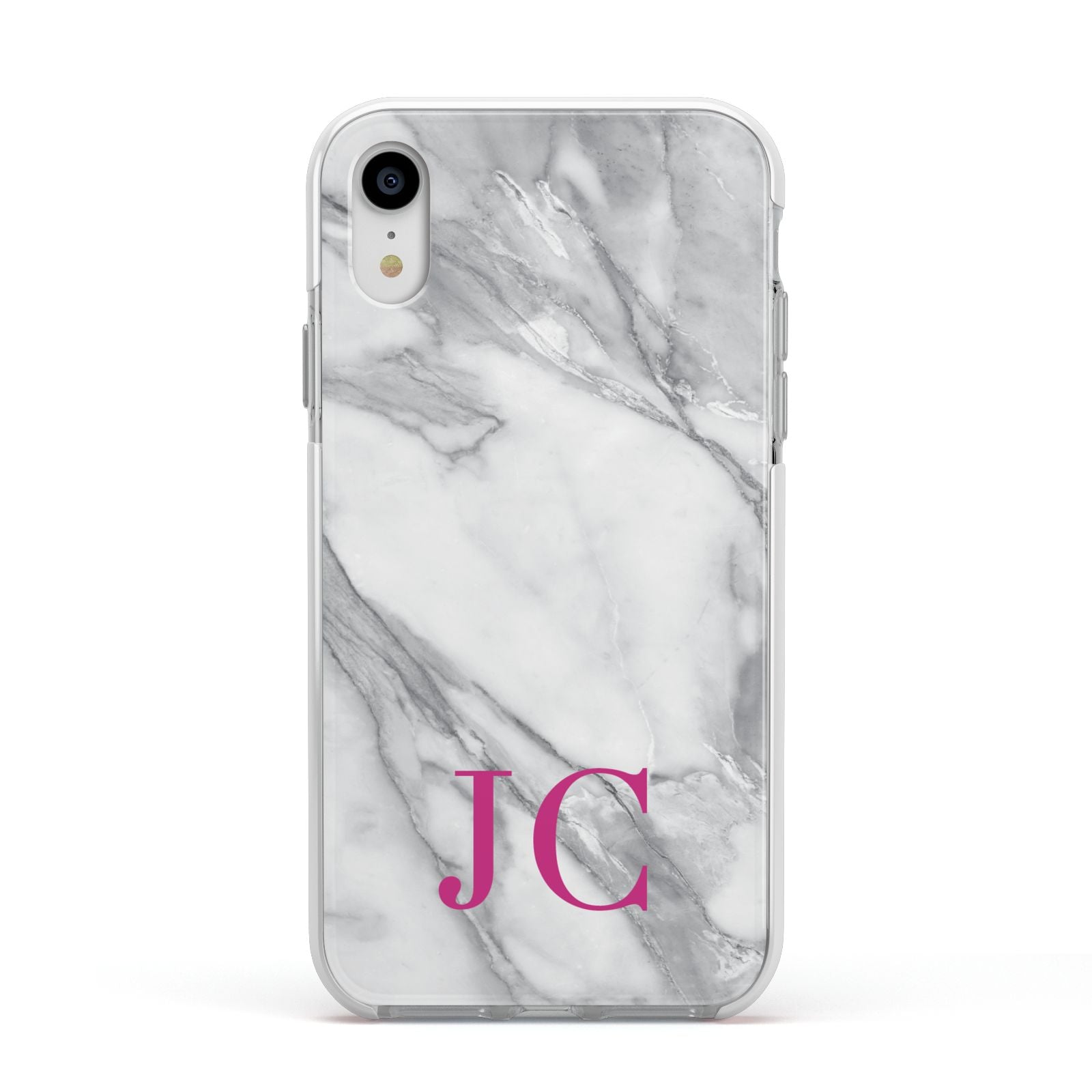 Grey Marble Pink Initials Apple iPhone XR Impact Case White Edge on Silver Phone