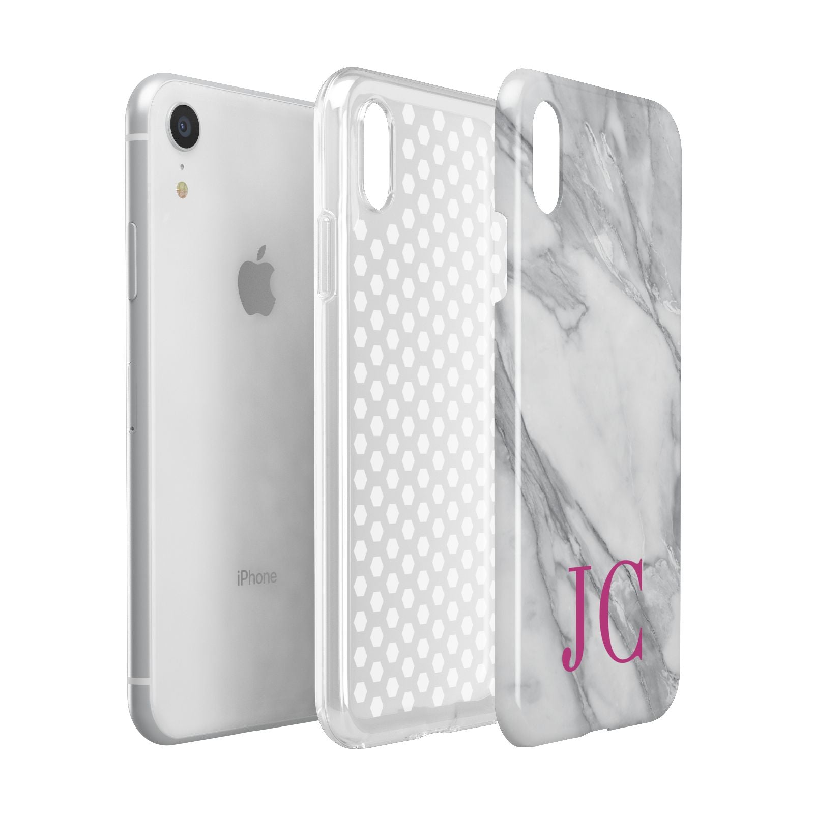 Grey Marble Pink Initials Apple iPhone XR White 3D Tough Case Expanded view