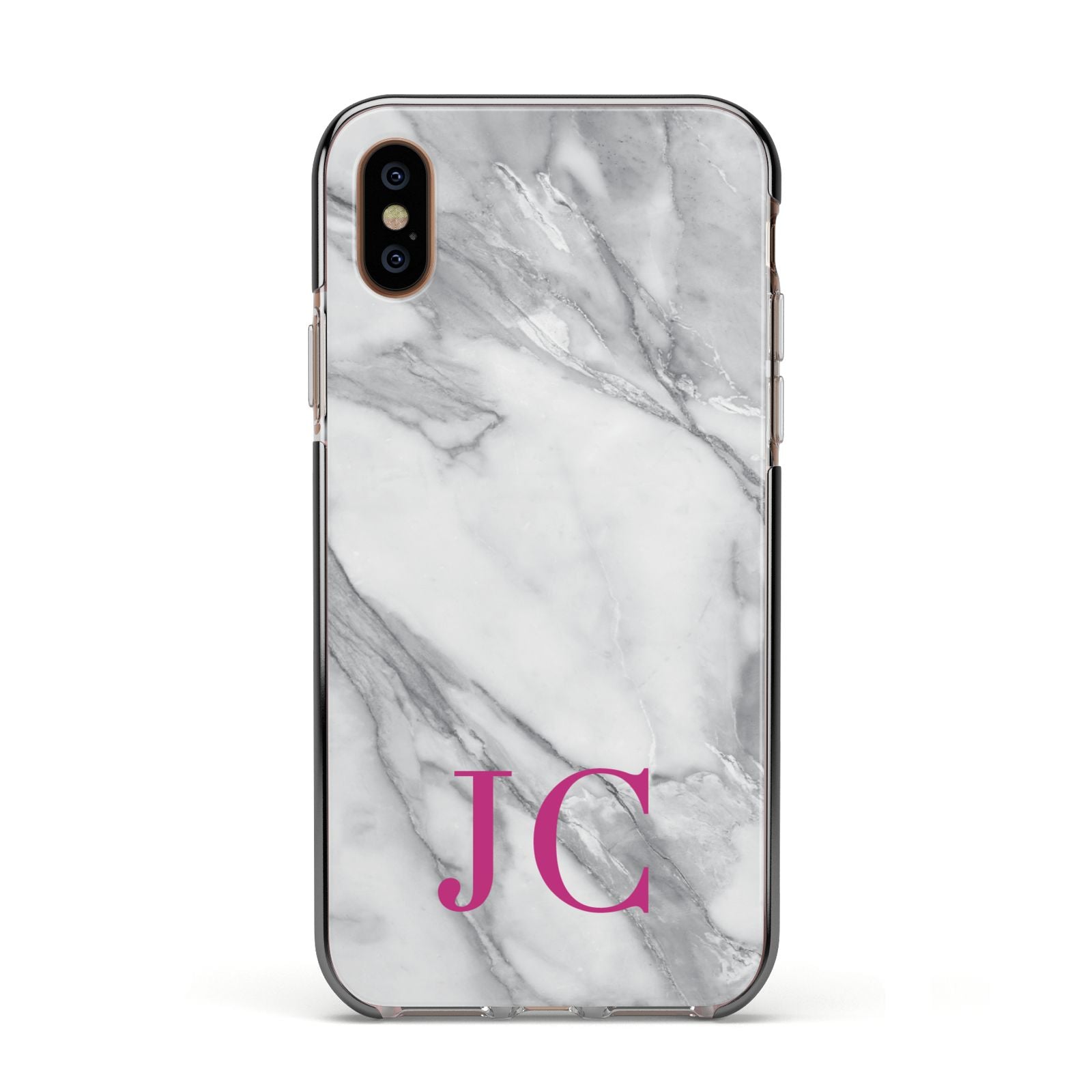 Grey Marble Pink Initials Apple iPhone Xs Impact Case Black Edge on Gold Phone