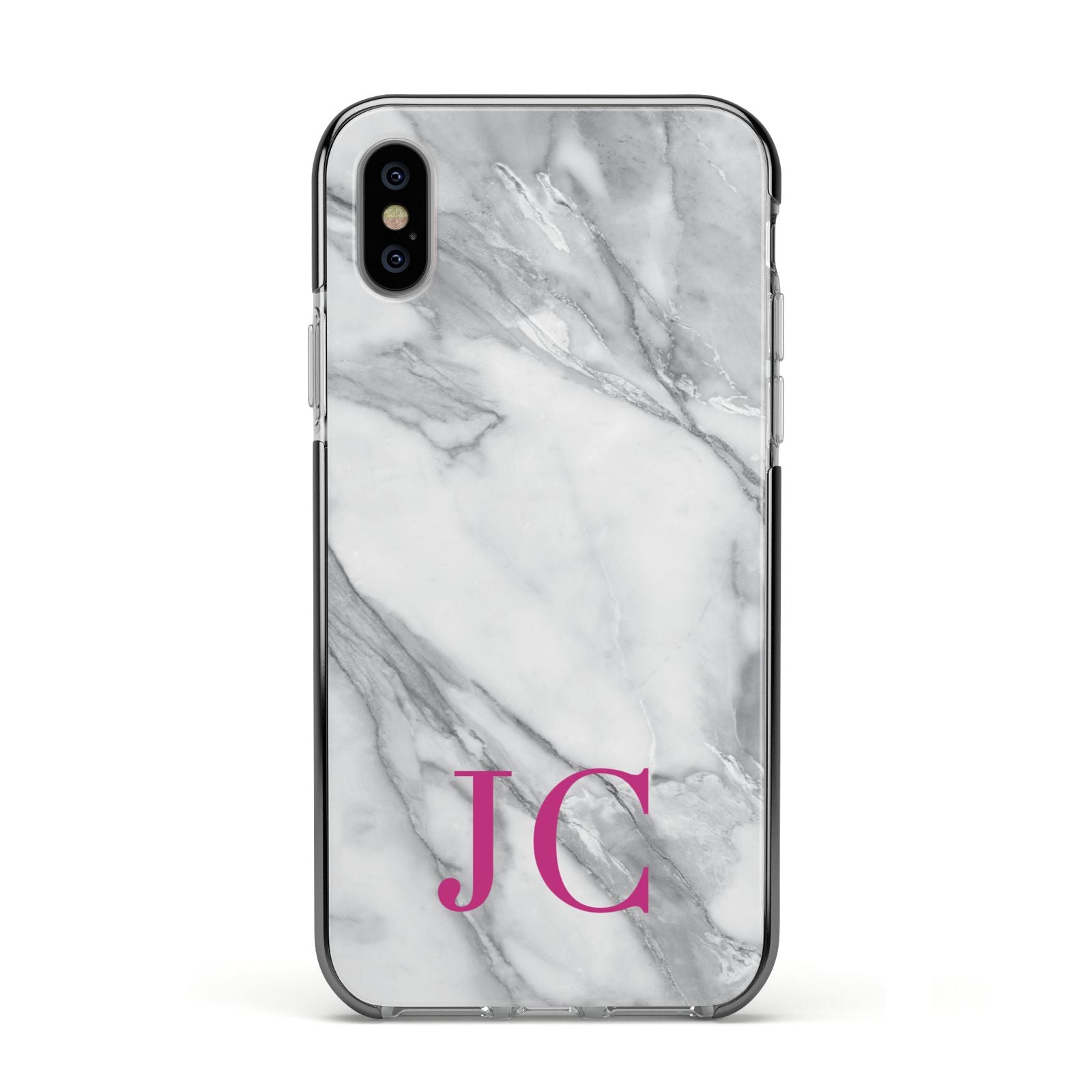 Grey Marble Pink Initials Apple iPhone Xs Impact Case Black Edge on Silver Phone
