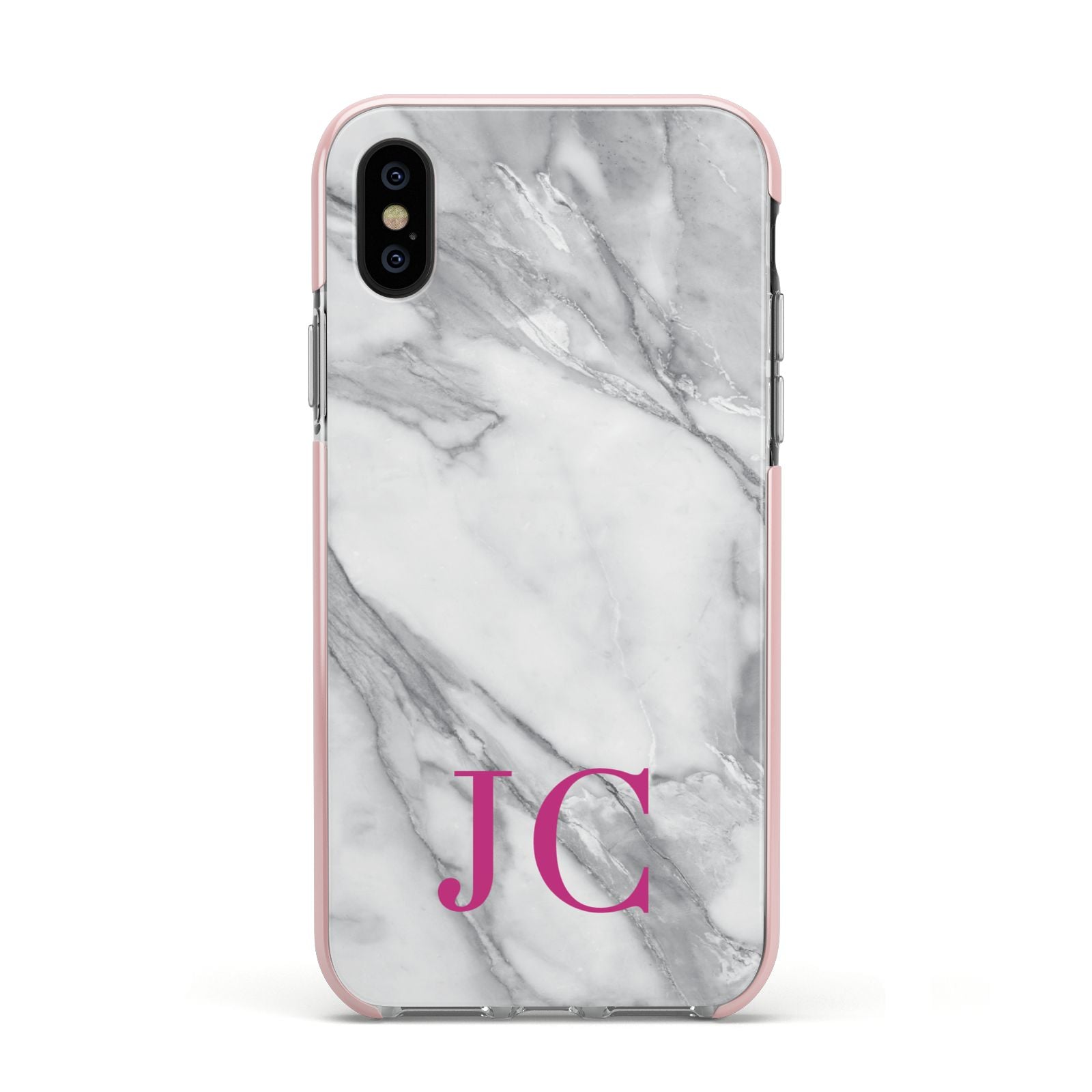 Grey Marble Pink Initials Apple iPhone Xs Impact Case Pink Edge on Black Phone