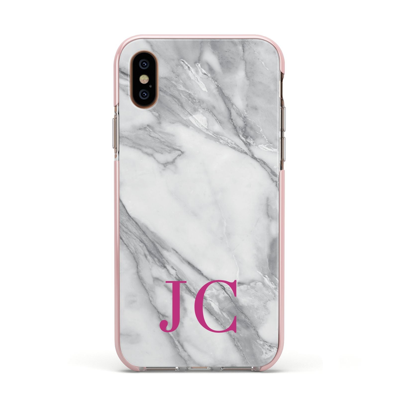 Grey Marble Pink Initials Apple iPhone Xs Impact Case Pink Edge on Gold Phone