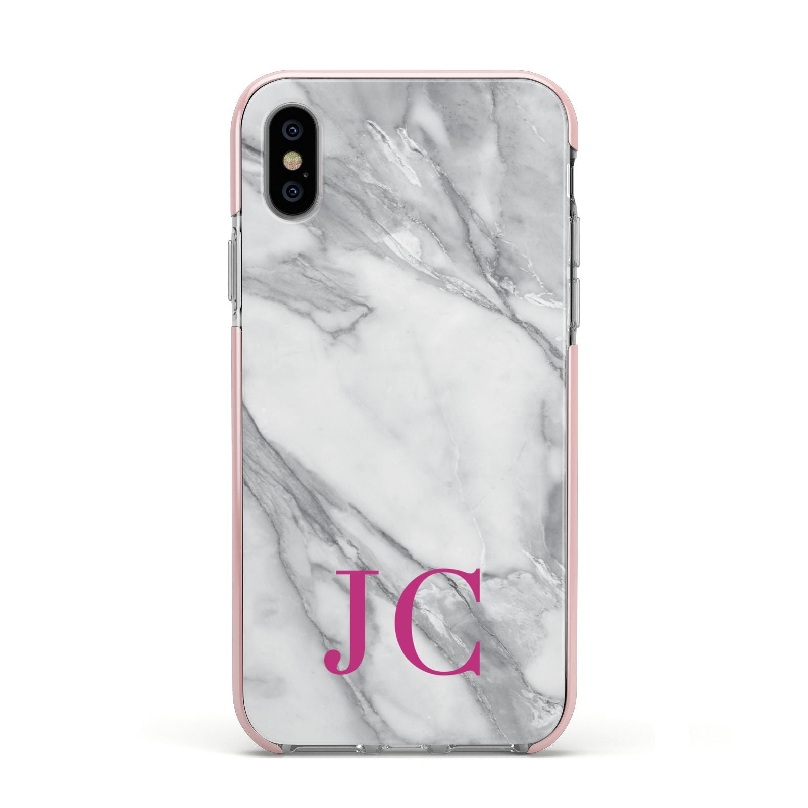 Grey Marble Pink Initials Apple iPhone Xs Impact Case Pink Edge on Silver Phone