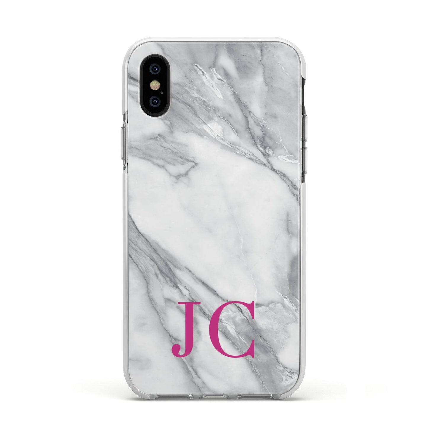 Grey Marble Pink Initials Apple iPhone Xs Impact Case White Edge on Black Phone