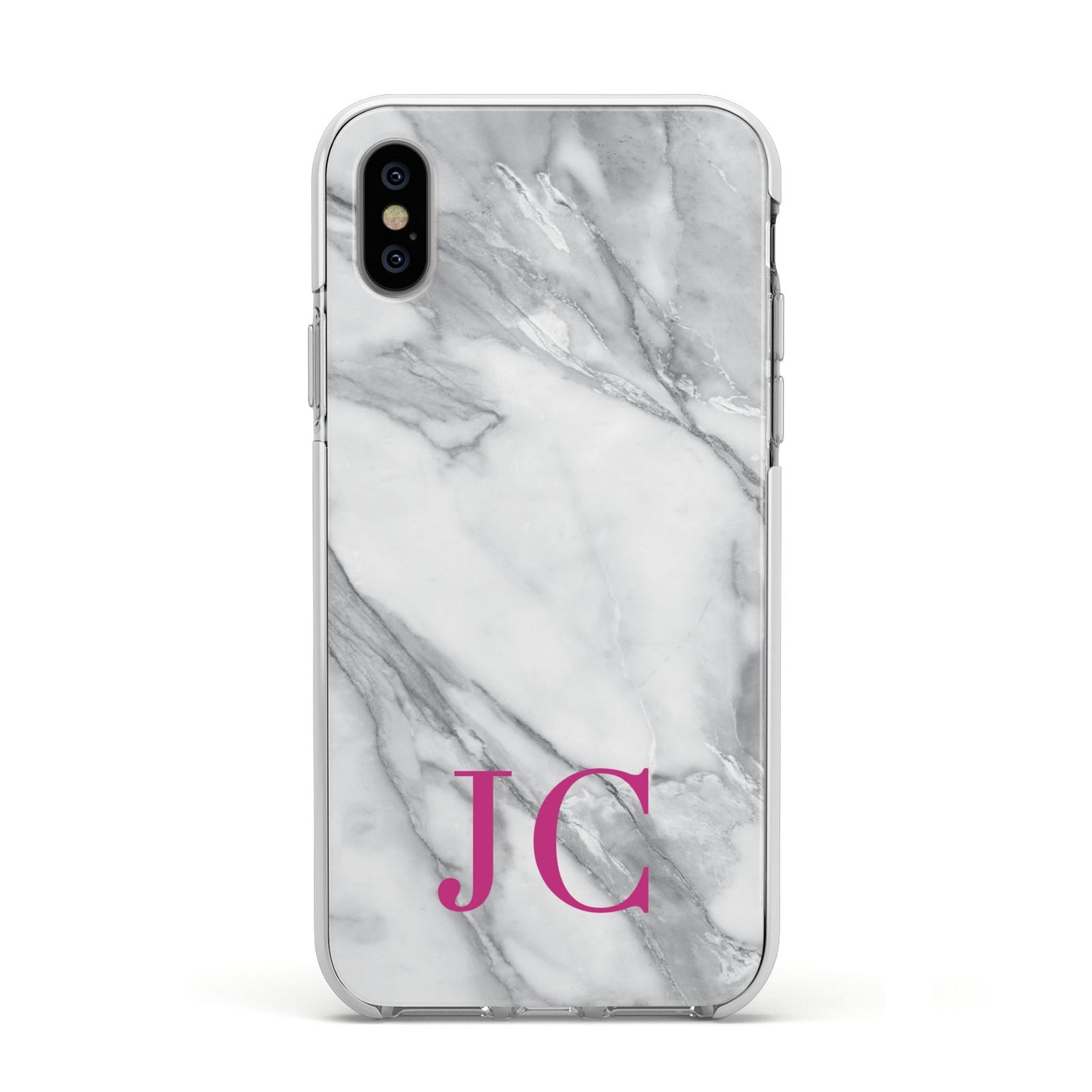 Grey Marble Pink Initials Apple iPhone Xs Impact Case White Edge on Silver Phone
