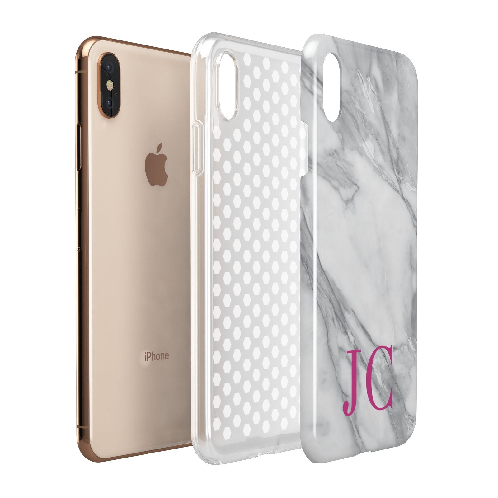 Grey Marble Pink Initials Apple iPhone Xs Max 3D Tough Case Expanded View