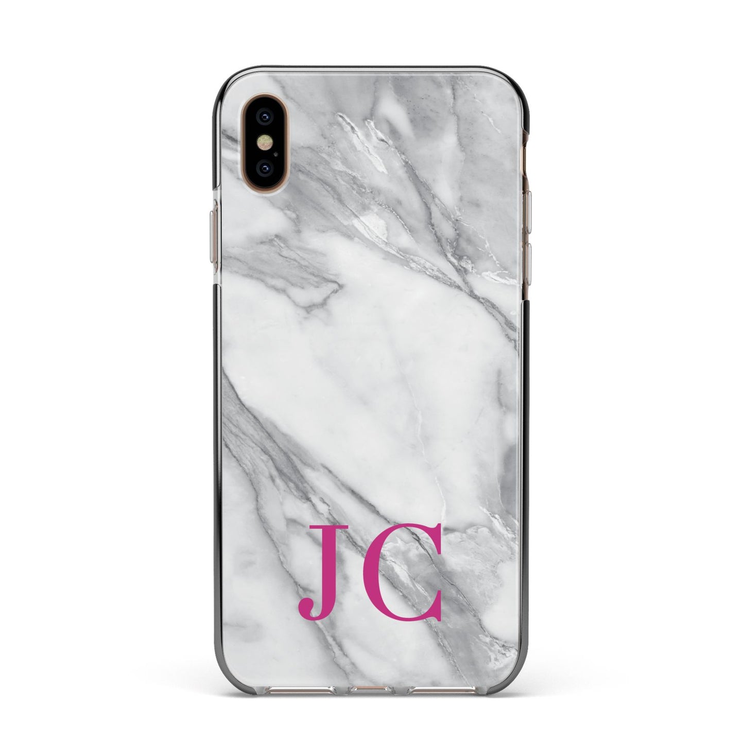 Grey Marble Pink Initials Apple iPhone Xs Max Impact Case Black Edge on Gold Phone