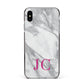 Grey Marble Pink Initials Apple iPhone Xs Max Impact Case Black Edge on Silver Phone