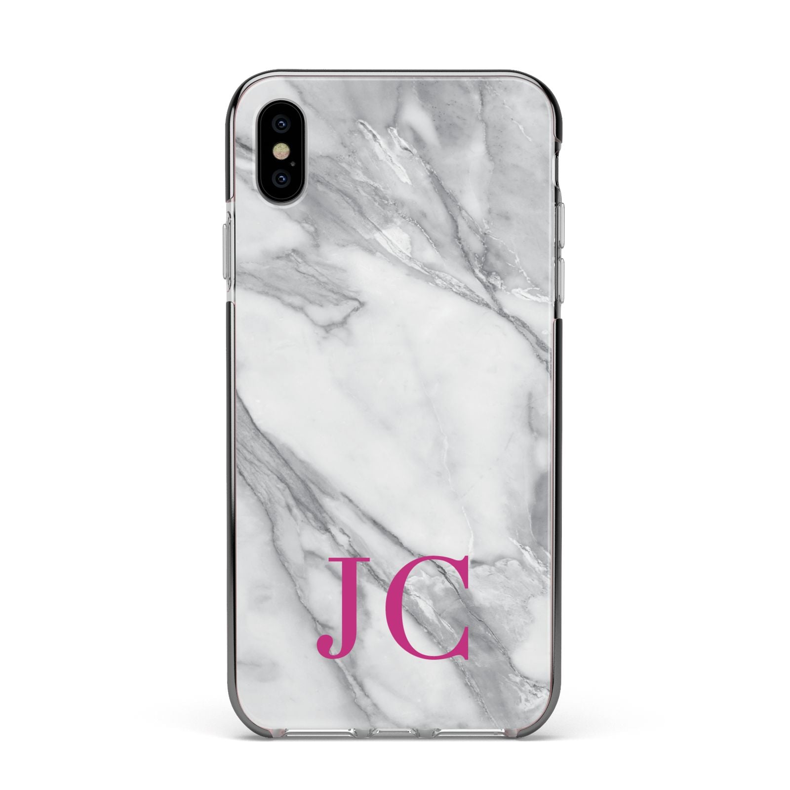 Grey Marble Pink Initials Apple iPhone Xs Max Impact Case Black Edge on Silver Phone