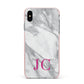 Grey Marble Pink Initials Apple iPhone Xs Max Impact Case Pink Edge on Silver Phone