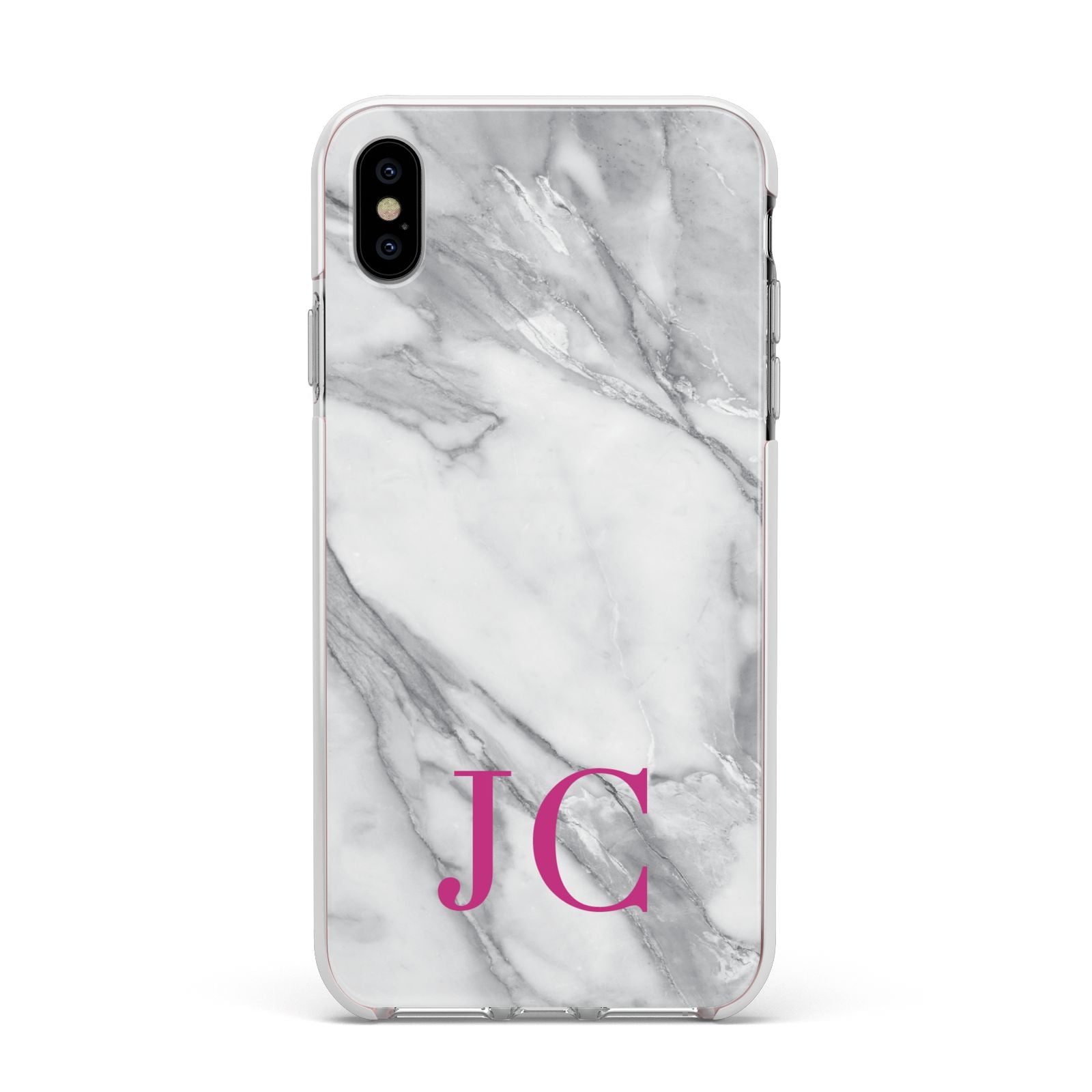Grey Marble Pink Initials Apple iPhone Xs Max Impact Case White Edge on Silver Phone
