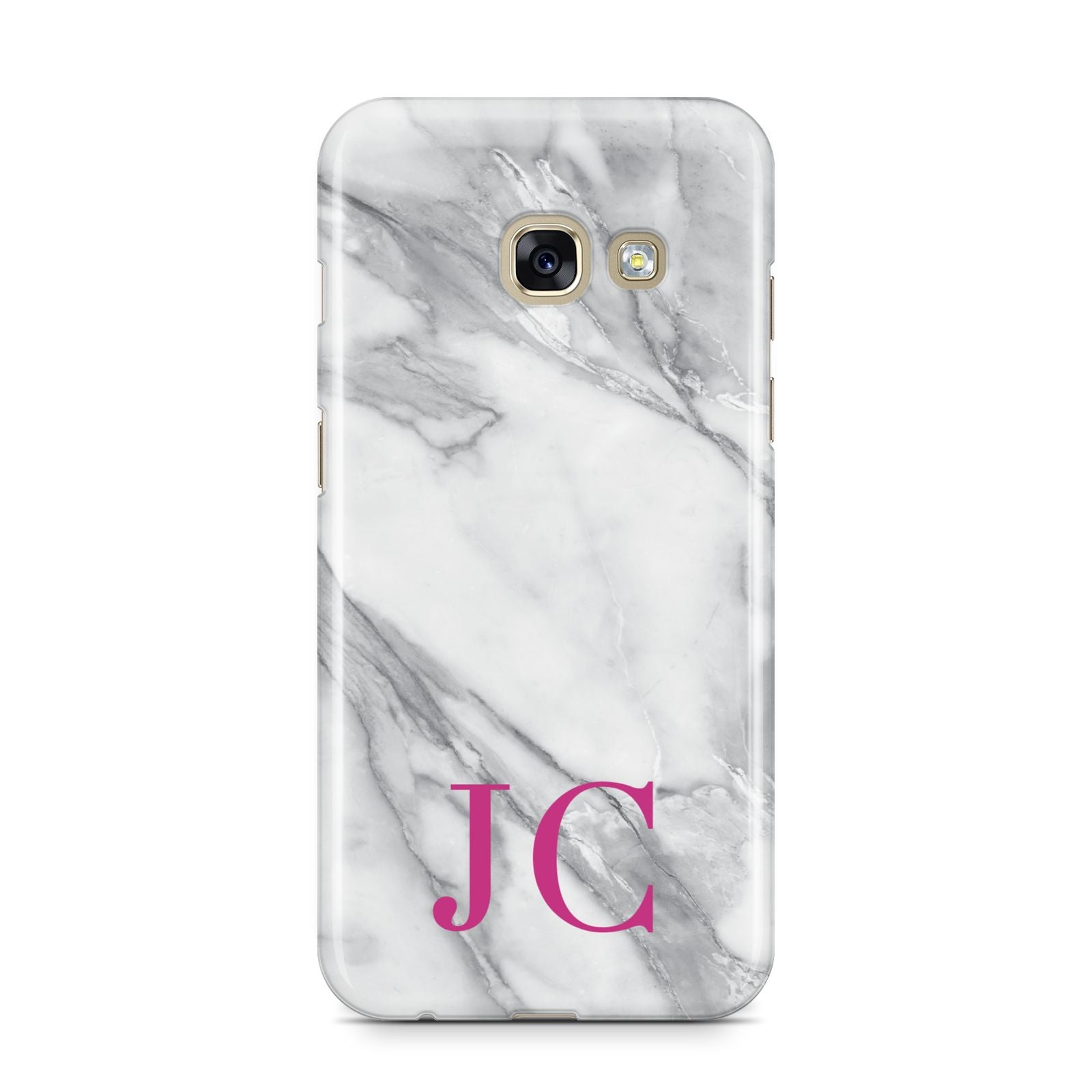 Grey Marble Pink Initials Samsung Galaxy A3 2017 Case on gold phone