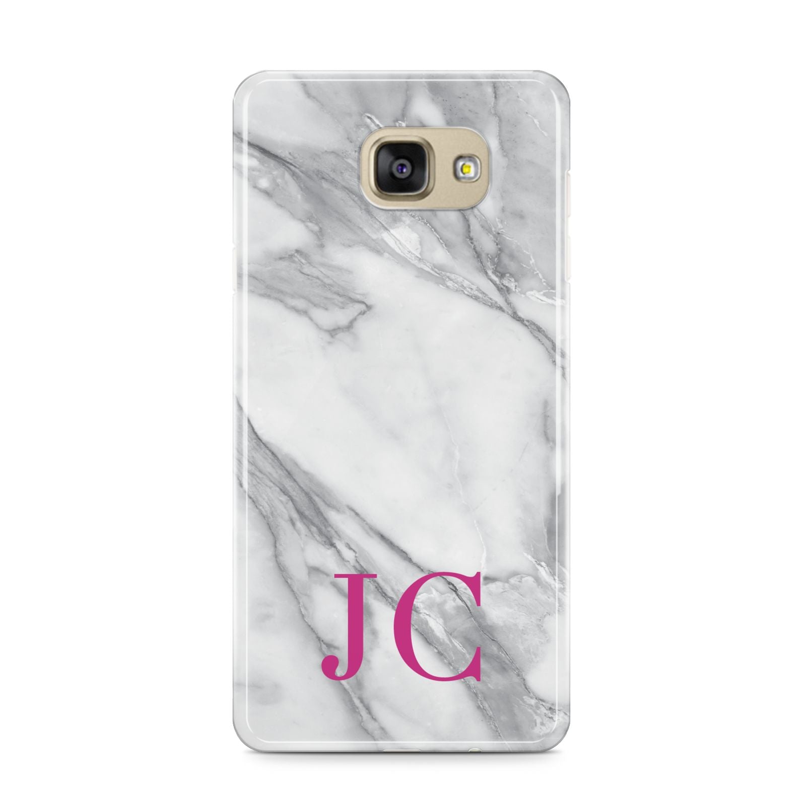 Grey Marble Pink Initials Samsung Galaxy A9 2016 Case on gold phone