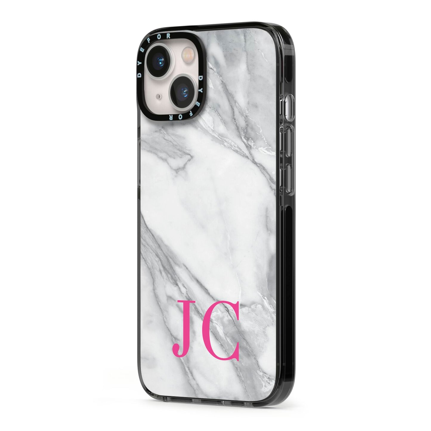 Grey Marble Pink Initials iPhone 13 Black Impact Case Side Angle on Silver phone