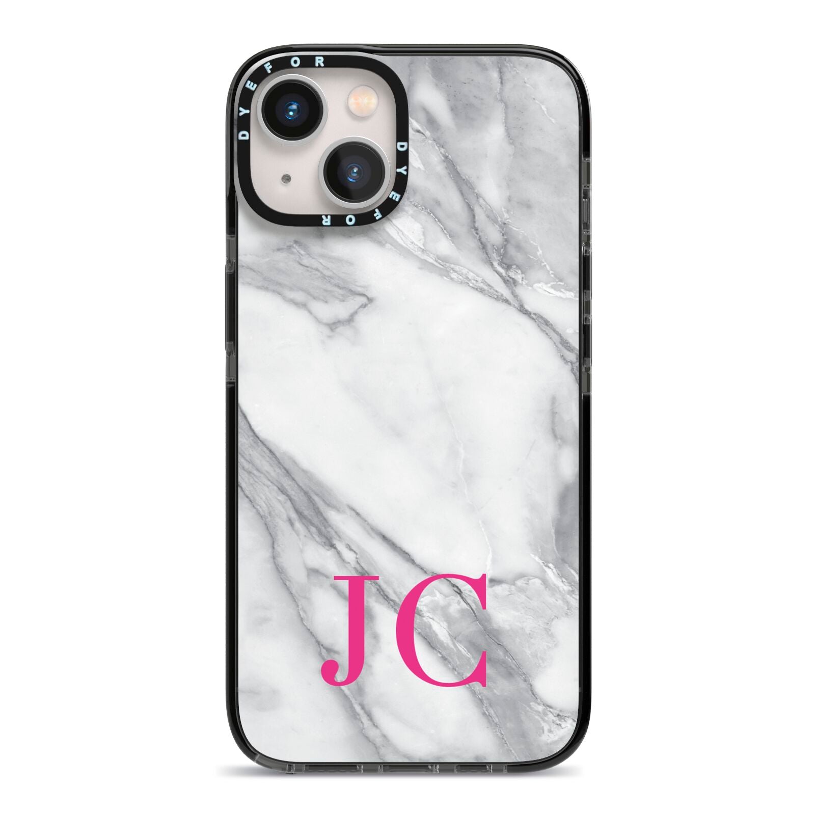Grey Marble Pink Initials iPhone 13 Black Impact Case on Silver phone