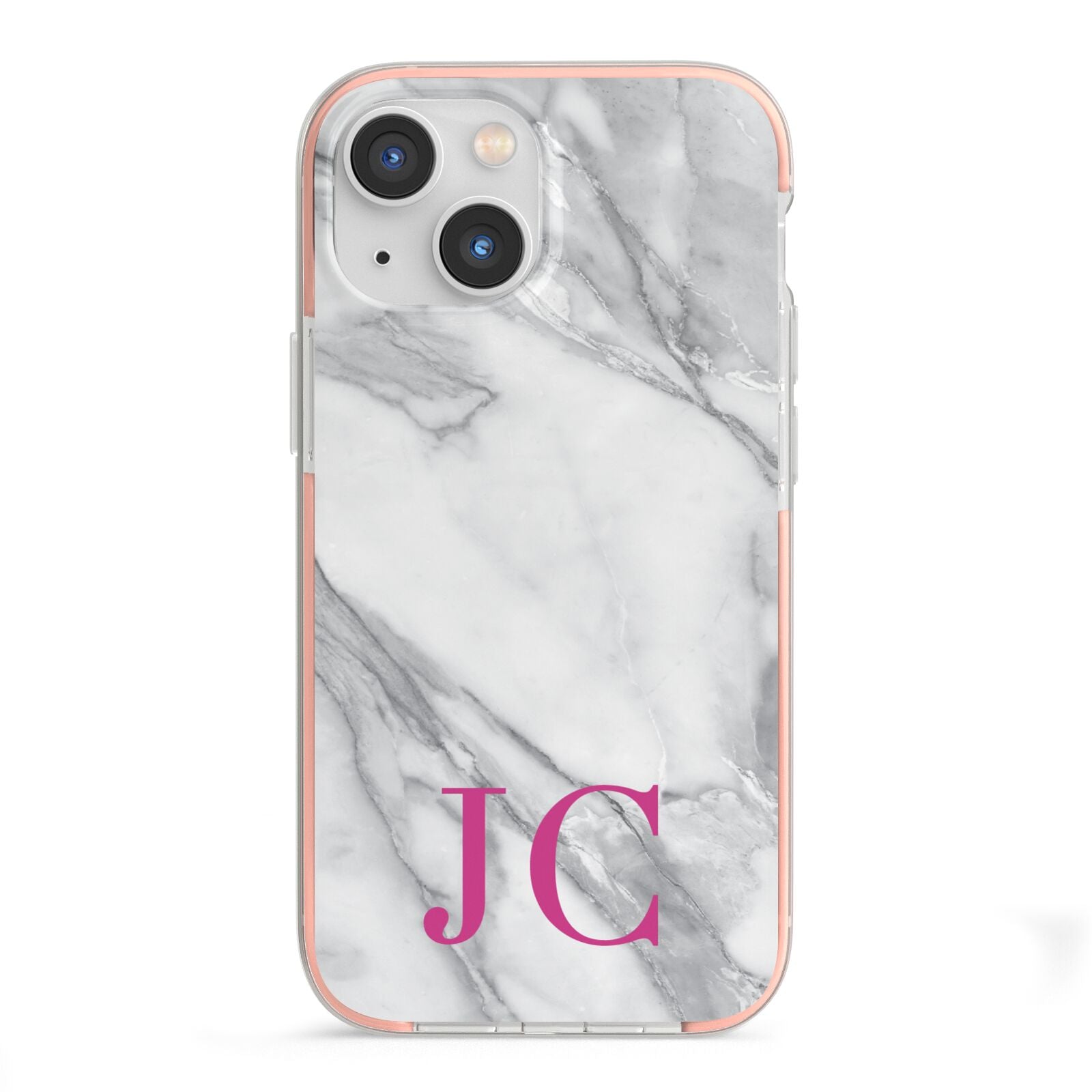 Grey Marble Pink Initials iPhone 13 Mini TPU Impact Case with Pink Edges