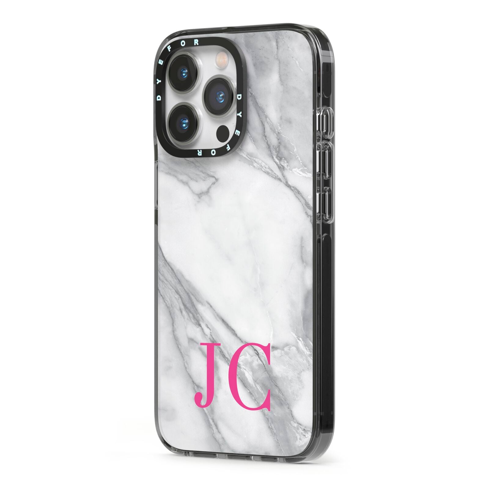 Grey Marble Pink Initials iPhone 13 Pro Black Impact Case Side Angle on Silver phone