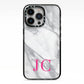 Grey Marble Pink Initials iPhone 13 Pro Black Impact Case on Silver phone