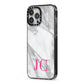 Grey Marble Pink Initials iPhone 13 Pro Max Black Impact Case Side Angle on Silver phone
