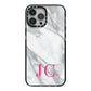 Grey Marble Pink Initials iPhone 13 Pro Max Black Impact Case on Silver phone