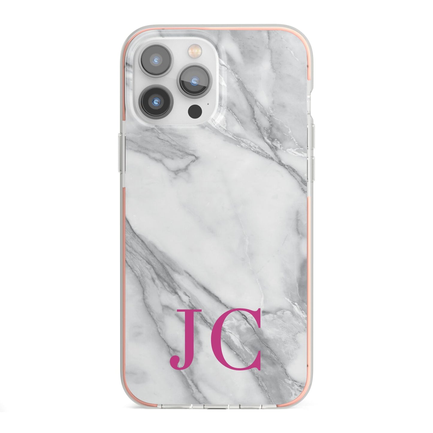 Grey Marble Pink Initials iPhone 13 Pro Max TPU Impact Case with Pink Edges