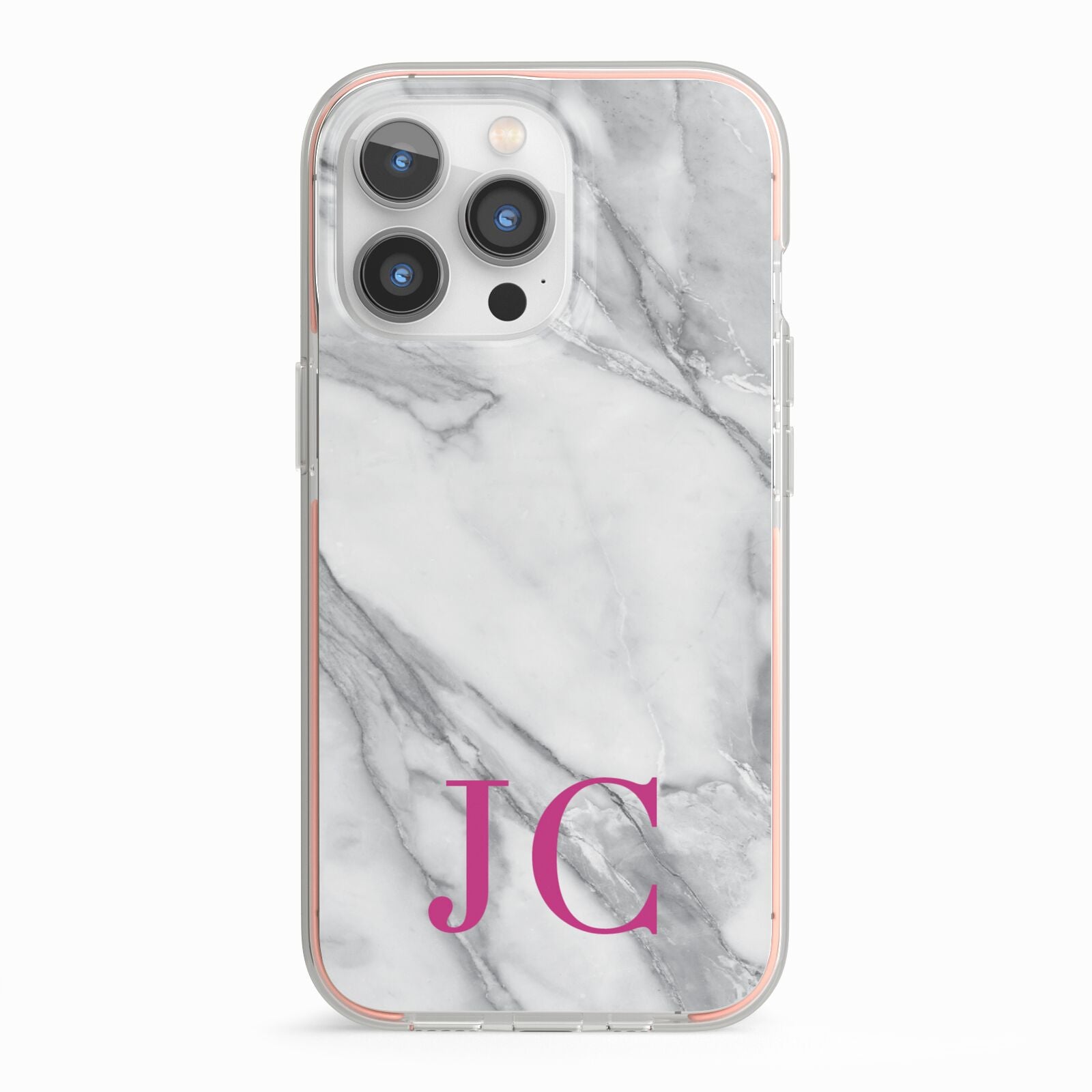 Grey Marble Pink Initials iPhone 13 Pro TPU Impact Case with Pink Edges