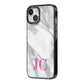 Grey Marble Pink Initials iPhone 14 Black Impact Case Side Angle on Silver phone
