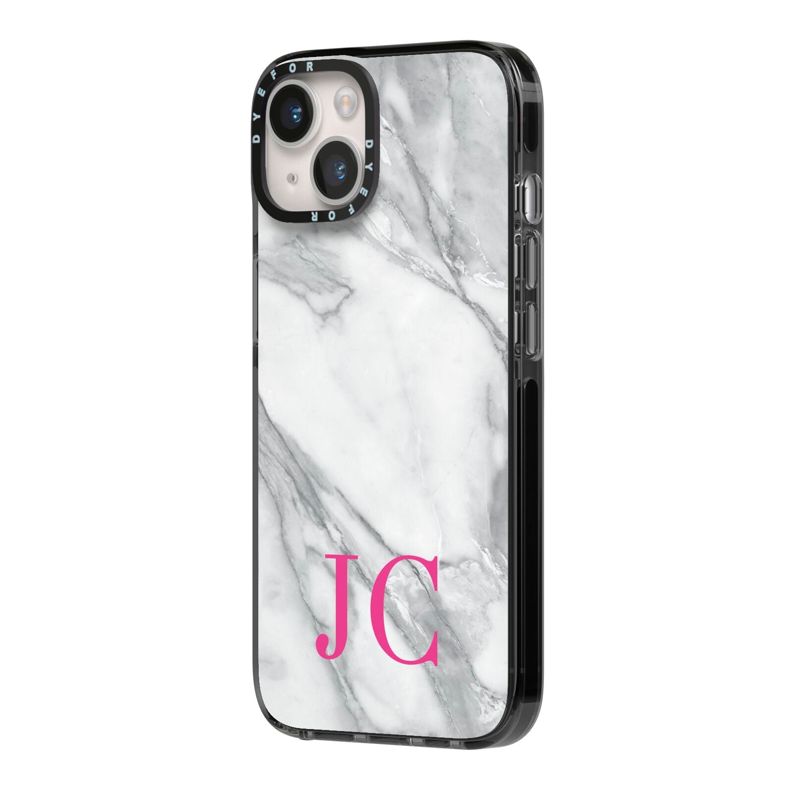 Grey Marble Pink Initials iPhone 14 Black Impact Case Side Angle on Silver phone