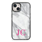 Grey Marble Pink Initials iPhone 14 Black Impact Case on Silver phone