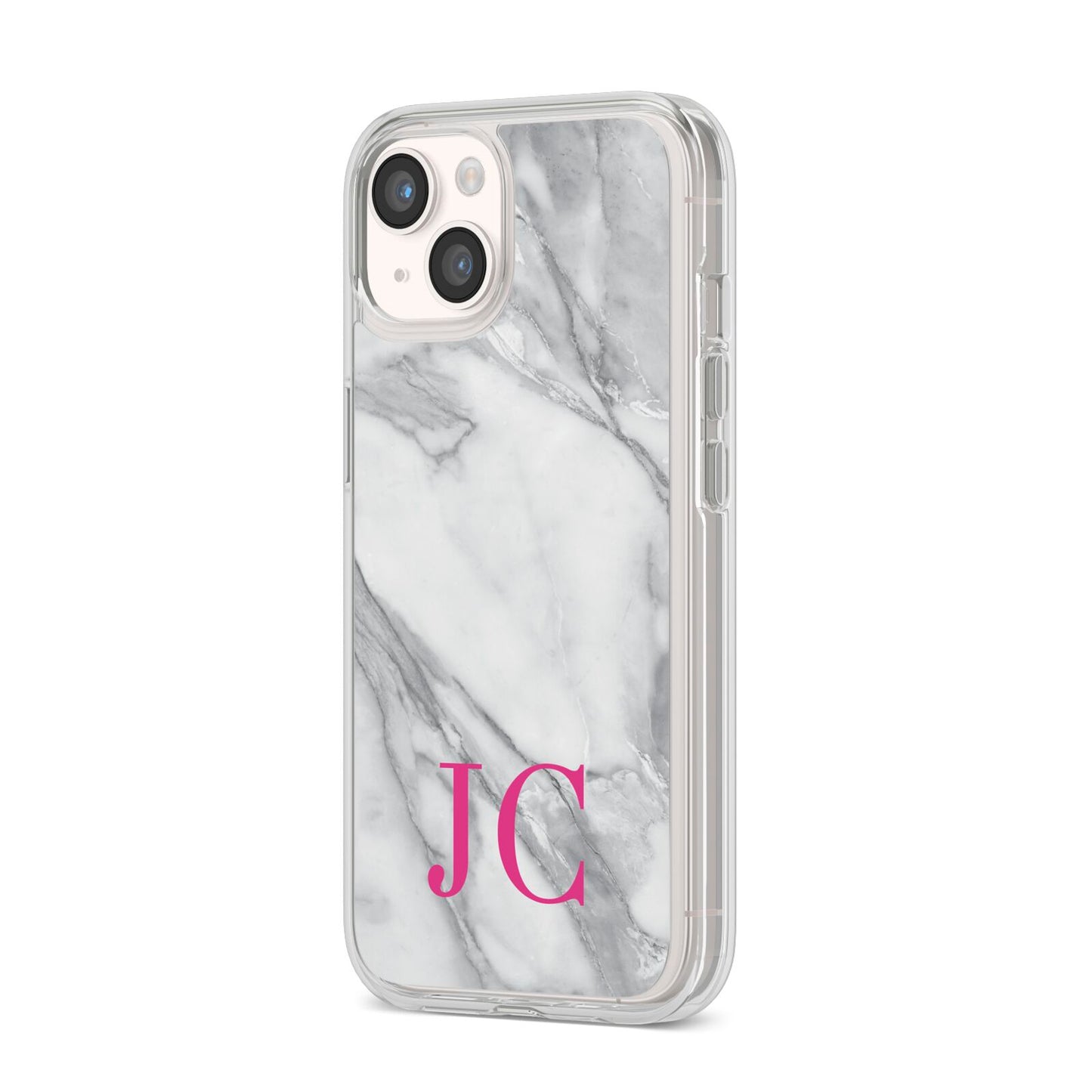 Grey Marble Pink Initials iPhone 14 Clear Tough Case Starlight Angled Image