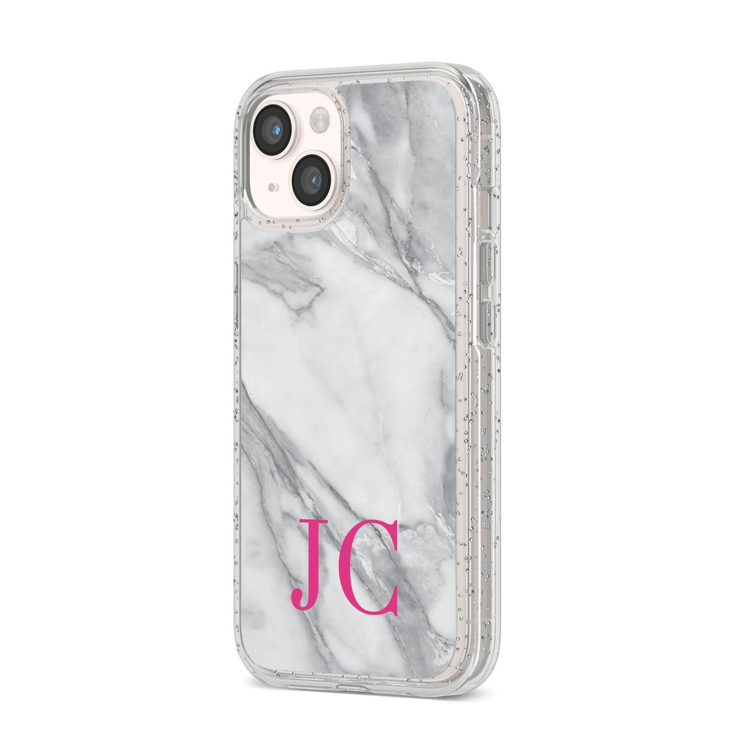 Grey Marble Pink Initials iPhone 14 Glitter Tough Case Starlight Angled Image