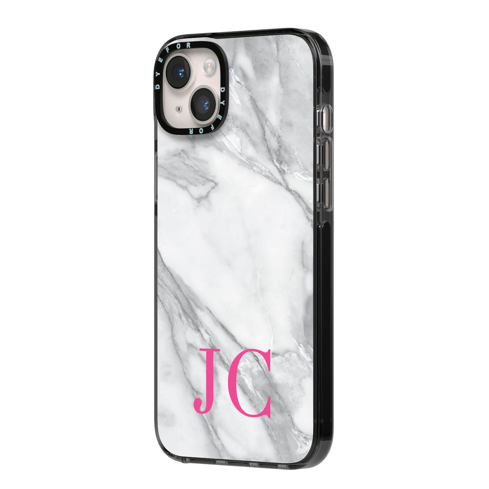 Grey Marble Pink Initials iPhone 14 Plus Black Impact Case Side Angle on Silver phone